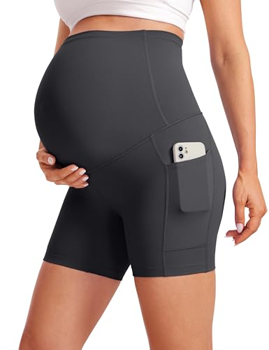 CRZ YOGA Damen Butterluxe Kurze Umstandsleggings mit Taschen Schwangerschaft Biker Shorts Umstandsshorts Umstandshose - 13cm Mysteriöses Grau 36 von CRZ YOGA
