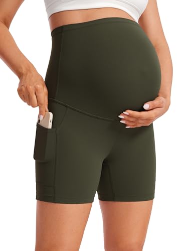 CRZ YOGA Damen Butterluxe Kurze Umstandsleggings mit Taschen Schwangerschaft Biker Shorts Umstandsshorts Umstandshose - 13cm Olivgrün 36 von CRZ YOGA