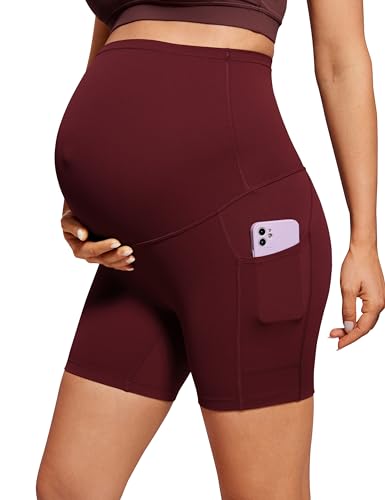 CRZ YOGA Damen Butterluxe Kurze Umstandsleggings mit Taschen Schwangerschaft Biker Shorts Umstandsshorts Umstandshose - 13cm Roter Merlot 40 von CRZ YOGA