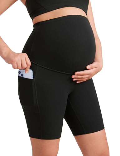 CRZ YOGA Damen Butterluxe Kurze Umstandsleggings mit Taschen Schwangerschaft Biker Shorts Umstandsshorts Umstandshose - 20cm Schwarz 44 von CRZ YOGA