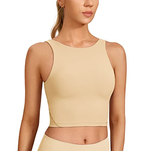 CRZ YOGA Damen Butterluxe Longline Sport BH Gepolstert Ohne Bügel Crop Top High Neck U Rücken Workout Tanktops Bräunungs-Milchshake 40 von CRZ YOGA