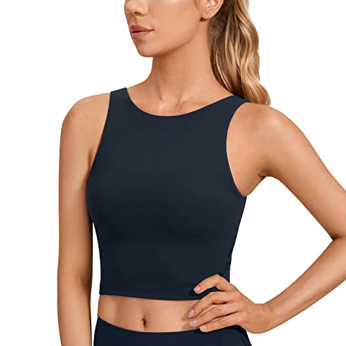 CRZ YOGA Damen Butterluxe Longline Sport BH Gepolstert Ohne Bügel Crop Top High Neck U Rücken Workout Tanktops Dämmerungsblau 42 von CRZ YOGA