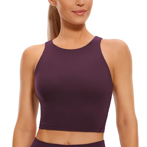 CRZ YOGA Damen Butterluxe Longline Sport BH Gepolstert Ohne Bügel Crop Top High Neck U Rücken Workout Tanktops Dunkellila 34 von CRZ YOGA