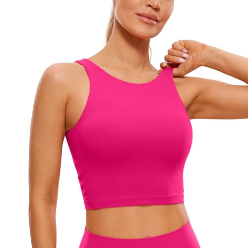 CRZ YOGA Damen Butterluxe Longline Sport BH Gepolstert Ohne Bügel Crop Top High Neck U Rücken Workout Tanktops Granita Pink 40 von CRZ YOGA