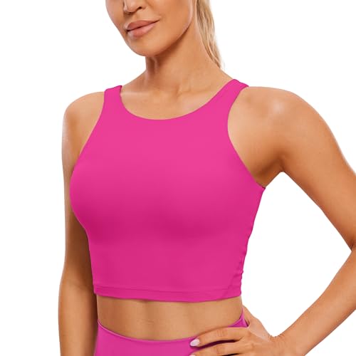 CRZ YOGA Damen Butterluxe Longline Sport BH Gepolstert Ohne Bügel Crop Top High Neck U Rücken Workout Tanktops Hibiskus-Purpur 34 von CRZ YOGA