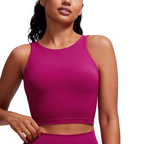 CRZ YOGA Damen Butterluxe Longline Sport BH Gepolstert Ohne Bügel Crop Top High Neck U Rücken Workout Tanktops Magenta Violett 36 von CRZ YOGA