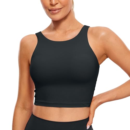 CRZ YOGA Damen Butterluxe Longline Sport BH Gepolstert Ohne Bügel Crop Top High Neck U Rücken Workout Tanktops Melanit 36 von CRZ YOGA