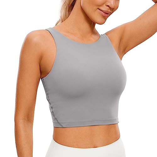 CRZ YOGA Damen Butterluxe Longline Sport BH Gepolstert Ohne Bügel Crop Top High Neck U Rücken Workout Tanktops Möwe Grau 40 von CRZ YOGA