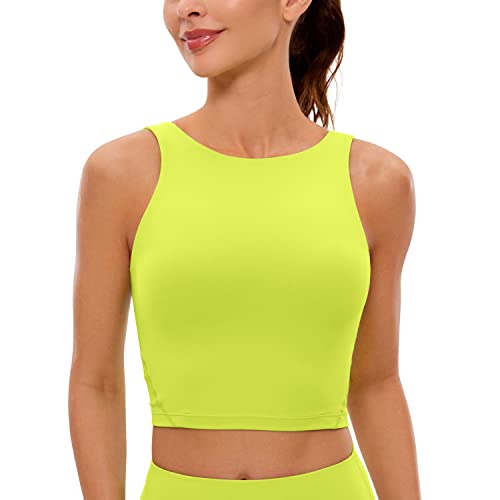 CRZ YOGA Damen Butterluxe Longline Sport BH Gepolstert Ohne Bügel Crop Top High Neck U Rücken Workout Tanktops Neon Gelb 38 von CRZ YOGA