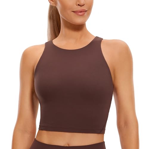 CRZ YOGA Damen Butterluxe Longline Sport BH Gepolstert Ohne Bügel Crop Top High Neck U Rücken Workout Tanktops Taupe 34 von CRZ YOGA