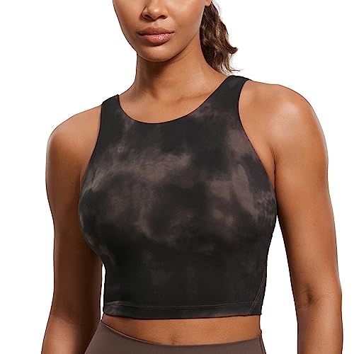 CRZ YOGA Damen Butterluxe Longline Sport BH Gepolstert Ohne Bügel Crop Top High Neck U Rücken Workout Tanktops Taupe Tie Dye Blumen 38 von CRZ YOGA