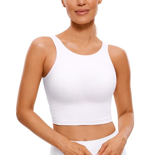 CRZ YOGA Damen Butterluxe Longline Sport BH Gepolstert Ohne Bügel Crop Top High Neck U Rücken Workout Tanktops Weiss 34 von CRZ YOGA