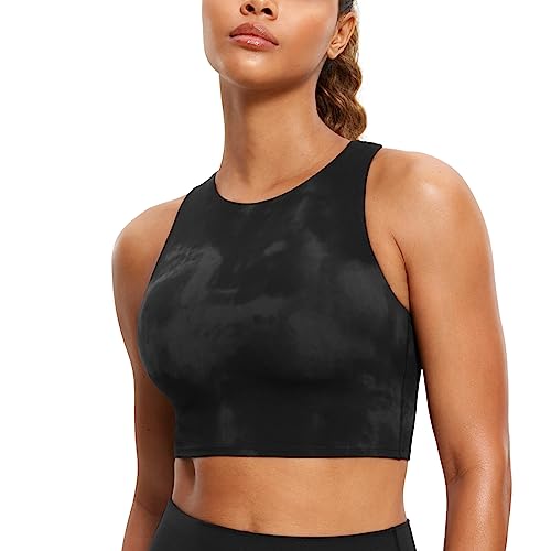 CRZ YOGA Damen Butterluxe Racerback Sport BH Gepolstert Ohne Bügel Crop Tops Longline Yoga Tank Top Fitness Sports Bra Schwarze Tie-Dye-Blumen 38 von CRZ YOGA