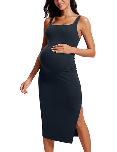 CRZ YOGA Damen Butterluxe Split Umstandskleid Ã„rmellos Sommer Umstandsmode Bodycon Tank Kleid Schwangerschaf Midikleid Lässige Echte Marine 44 von CRZ YOGA