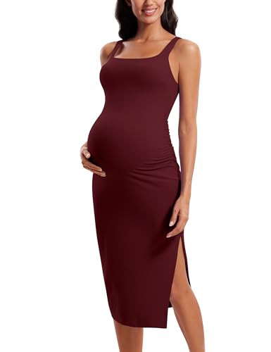 CRZ YOGA Damen Butterluxe Split Umstandskleid Ärmellos Sommer Umstandsmode Bodycon Tank Kleid Schwangerschaf Midikleid Lässige Roter Merlot 44 von CRZ YOGA