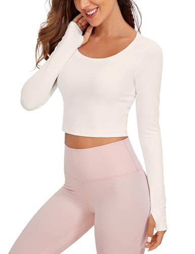 CRZ YOGA Damen Butterluxe Sport Langarmshirt Slim Fit Longsleeve Yoga Crop Top Cropped Fitness Sweatshirt mit Daumenloch Milchig Weiß 42 von CRZ YOGA