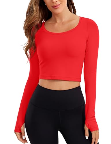 CRZ YOGA Damen Butterluxe Sport Langarmshirt Slim Fit Longsleeve Yoga Crop Top Cropped Fitness Sweatshirt mit Daumenloch Tiefrot 38 von CRZ YOGA