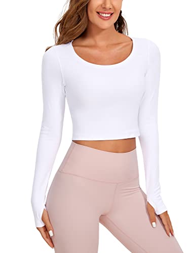 CRZ YOGA Damen Butterluxe Sport Langarmshirt Slim Fit Longsleeve Yoga Crop Top Cropped Fitness Sweatshirt mit Daumenloch Weiss 36 von CRZ YOGA