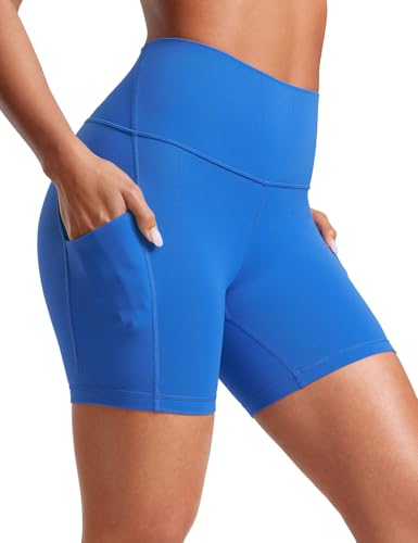 CRZ YOGA Damen Butterluxe Sport Radlerhose High Waist Yoga Gym Kurze Leggings Blickdichte Biker Shorts mit Tasche - 13cm Funkelndes Blau 40 von CRZ YOGA