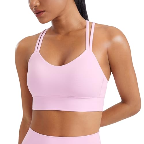 CRZ YOGA Damen Butterluxe Strappy Sport BH Ohne Bügel Gepolstert Sports Bra Yoga Bustier Workout Gym Croptop Vita Rosa L von CRZ YOGA