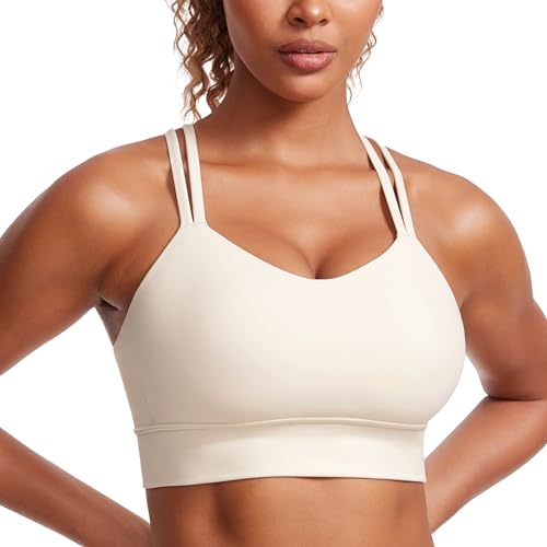 CRZ YOGA Damen Butterluxe Strappy Sport BH Ohne Bügel Gepolstert Sports Bra Yoga Bustier Workout Gym Croptop Weiße Aprikose L von CRZ YOGA