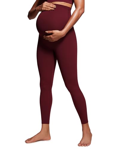 CRZ YOGA Damen Butterluxe Umstandsleggings - 64cm Skinny Umstandshose High Waist Schwangerschaft Yoga Leggins Roter Merlot 42 von CRZ YOGA