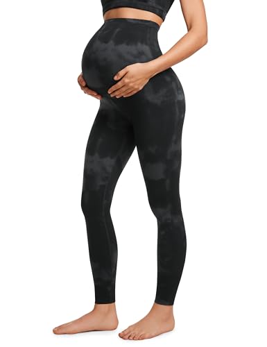CRZ YOGA Damen Butterluxe Umstandsleggings - 71cm Skinny Umstandshose High Waist Schwangerschaft Yoga Weich Leggins Lang Schwarze Tie-Dye-Blumen 36 von CRZ YOGA