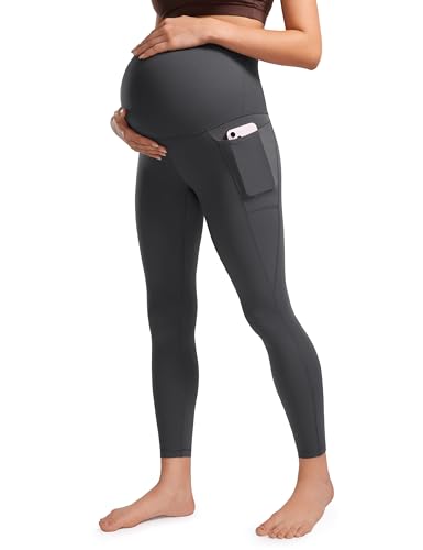 CRZ YOGA Damen Butterluxe Umstandsleggings mit Taschen High Waist Umstandshose Blickdichte Schwangerschaft Yoga Leggins - 64cm Mysteriöses Grau 38 von CRZ YOGA