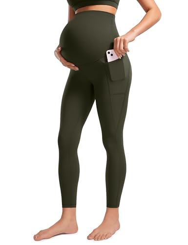 CRZ YOGA Damen Butterluxe Umstandsleggings mit Taschen High Waist Umstandshose Blickdichte Schwangerschaft Yoga Leggins - 64cm Olivgrün 40 von CRZ YOGA
