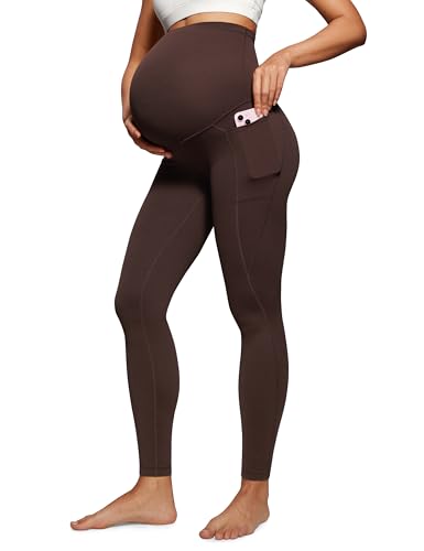 CRZ YOGA Damen Butterluxe Umstandsleggings mit Taschen High Waist Umstandshose Blickdichte Schwangerschaft Yoga Leggins - 71cm Heißes Fudge-Brown 40 von CRZ YOGA
