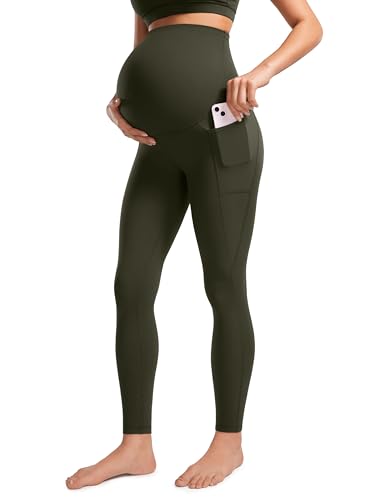 CRZ YOGA Damen Butterluxe Umstandsleggings mit Taschen High Waist Umstandshose Blickdichte Schwangerschaft Yoga Leggins - 71cm Olivgrün 42 von CRZ YOGA