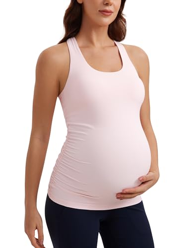 CRZ YOGA Damen Butterluxe Umstandsmode Tops Umstandstop Racerback Tanktops Ärmelloses Umstands T-Shirt Camisole mit Integriertem BH Erdbeerrosa 38 von CRZ YOGA
