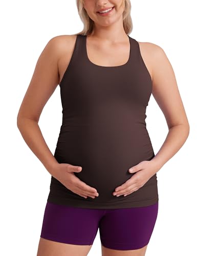CRZ YOGA Damen Butterluxe Umstandsmode Tops Umstandstop Racerback Tanktops Ärmelloses Umstands T-Shirt Camisole mit Integriertem BH Heißes Fudge-Brown 42 von CRZ YOGA