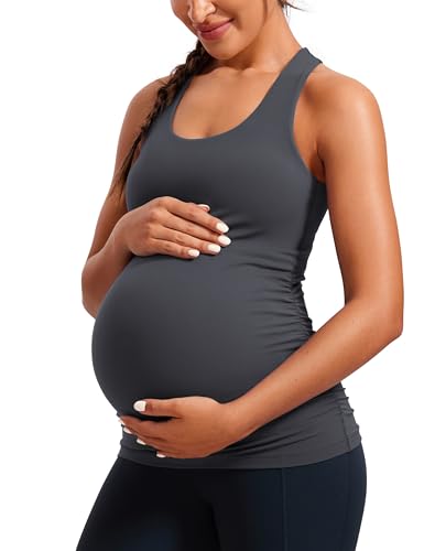 CRZ YOGA Damen Butterluxe Umstandsmode Tops Umstandstop Racerback Tanktops Ärmelloses Umstands T-Shirt Camisole mit Integriertem BH Mysteriöses Grau 44 von CRZ YOGA