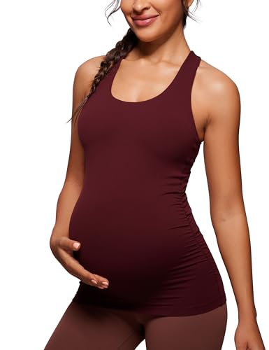 CRZ YOGA Damen Butterluxe Umstandsmode Tops Umstandstop Racerback Tanktops Ärmelloses Umstands T-Shirt Camisole mit Integriertem BH Roter Merlot 38 von CRZ YOGA
