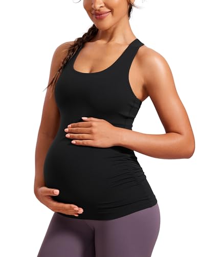 CRZ YOGA Damen Butterluxe Umstandsmode Tops Umstandstop Racerback Tanktops Ärmelloses Umstands T-Shirt Camisole mit Integriertem BH Schwarz 42 von CRZ YOGA