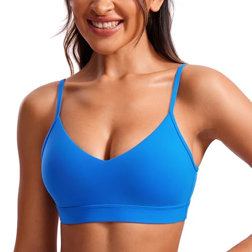 CRZ YOGA Damen Butterluxe V-Ausschnitt Sport BH Gepolstert Ohne Bügel Yoga Bra Verstellbar Spaghetti Träger Workout Crop Tops Funkelndes Blau 44 von CRZ YOGA