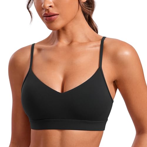 CRZ YOGA Damen Butterluxe V-Ausschnitt Sport BH Gepolstert Ohne Bügel Yoga Bra Verstellbar Spaghetti Träger Workout Crop Tops Schwarz 34 von CRZ YOGA