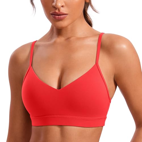 CRZ YOGA Damen Butterluxe V-Ausschnitt Sport BH Gepolstert Ohne Bügel Yoga Bra Verstellbar Spaghetti Träger Workout Crop Tops Tiefrot 40 von CRZ YOGA