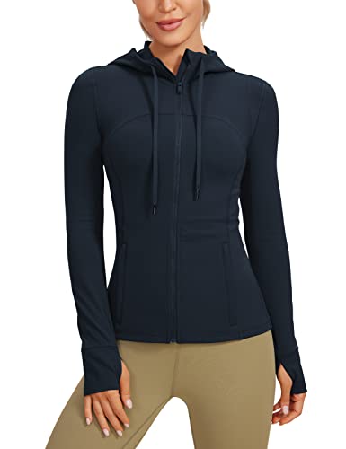 CRZ YOGA Damen Butterluxe Voll Reißverschluss Running Jacke Zip Tasche Sport Gym Hoodie Mesh Hoody Sweatjacke mit Daumenloch Echte Marine 40 von CRZ YOGA