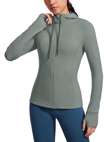 CRZ YOGA Damen Butterluxe Voll Reißverschluss Running Jacke Zip Tasche Sport Gym Hoodie Mesh Hoody Sweatjacke mit Daumenloch Grauer Salbei 42 von CRZ YOGA