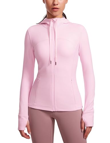 CRZ YOGA Damen Butterluxe Voll Reißverschluss Running Jacke Zip Tasche Sport Gym Hoodie Mesh Hoody Sweatjacke mit Daumenloch Rosa Pfingstrose 42 von CRZ YOGA