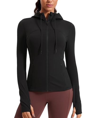 CRZ YOGA Damen Butterluxe Voll Reißverschluss Running Jacke Zip Tasche Sport Gym Hoodie Mesh Hoody Sweatjacke mit Daumenloch Schwarz 44 von CRZ YOGA