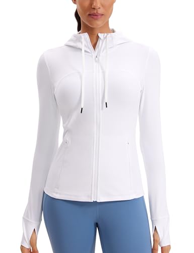 CRZ YOGA Damen Butterluxe Voll Reißverschluss Running Jacke Zip Tasche Sport Gym Hoodie Mesh Hoody Sweatjacke mit Daumenloch Weiss 40 von CRZ YOGA