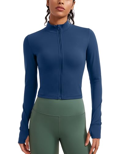 CRZ YOGA Damen Butterluxe Voller ReiÃŸverschluss Cropped Jacke Sport Pullover Slim Fit Gym Running Jacken mit Daumenloch FRANZÃ–SISCHE MARINE 38 von CRZ YOGA