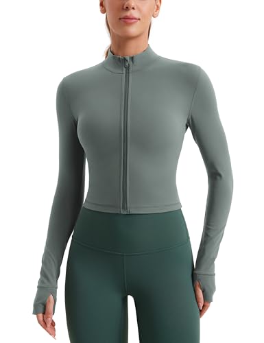 CRZ YOGA Damen Butterluxe Voller Reißverschluss Cropped Jacke Sport Pullover Slim Fit Gym Running Jacken mit Daumenloch Grauer Salbei 42 von CRZ YOGA