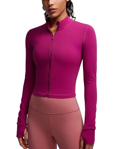 CRZ YOGA Damen Butterluxe Voller Reißverschluss Cropped Jacke Sport Pullover Slim Fit Gym Running Jacken mit Daumenloch Magenta Violett 42 von CRZ YOGA