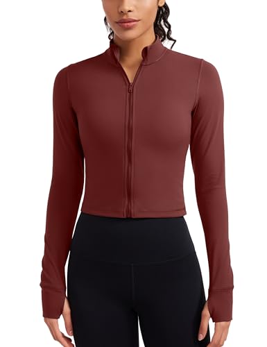 CRZ YOGA Damen Butterluxe Voller ReiÃŸverschluss Cropped Jacke Sport Pullover Slim Fit Gym Running Jacken mit Daumenloch Noctilucence rot 38 von CRZ YOGA