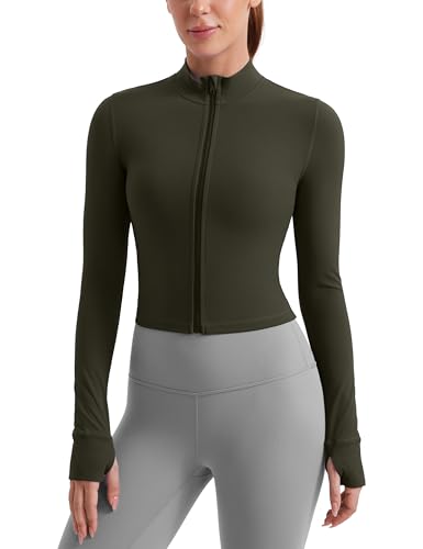CRZ YOGA Damen Butterluxe Voller Reißverschluss Cropped Jacke Sport Pullover Slim Fit Gym Running Jacken mit Daumenloch Olivgrün 40 CRZ YOGA Damen Butterluxe Voller Reißverschluss Cropped Jacke Sport Pullover Slim Fit Gym Running Jacken mit Daumenloch Olivgrün 40 von CRZ YOGA