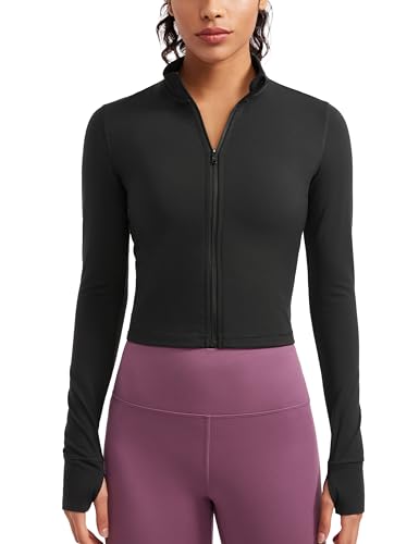 CRZ YOGA Damen Butterluxe Voller ReiÃŸverschluss Cropped Jacke Sport Pullover Slim Fit Gym Running Jacken mit Daumenloch Schwarz 40 von CRZ YOGA